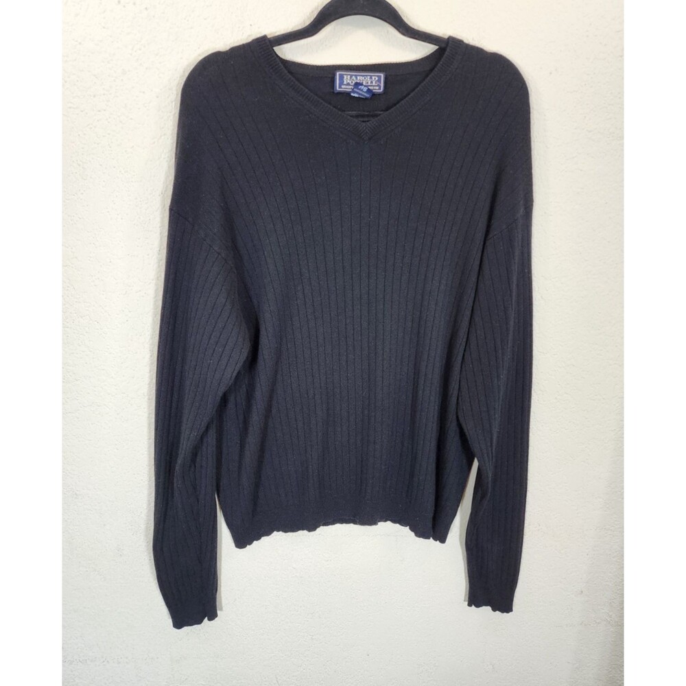 Harold Powell Sweater Mens XL Black Silk Cashmere V-Neck Ribbed Knit Preppy